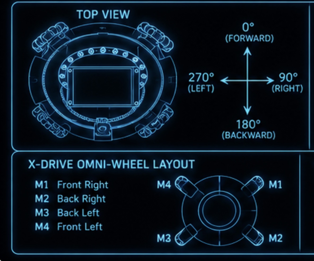 X-drive omni-wheel layout — top view with motor positions and angle compass